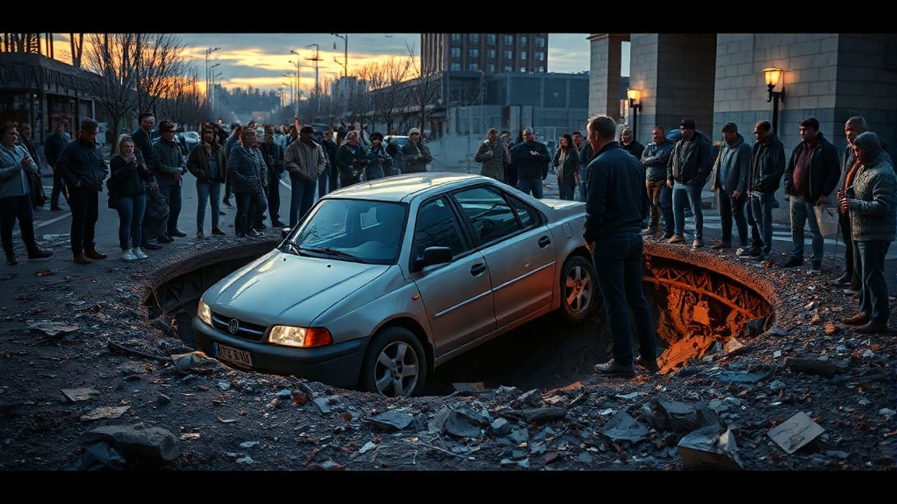 Esenyurt'ta Park Halindeki Araç Çukura Düştü