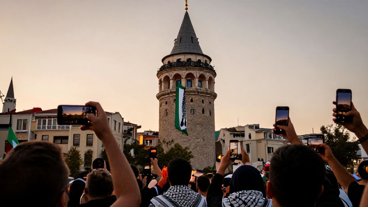 Galata Kulesi'ne Asılan Filistin Kefiyesi Dikkat Çekti