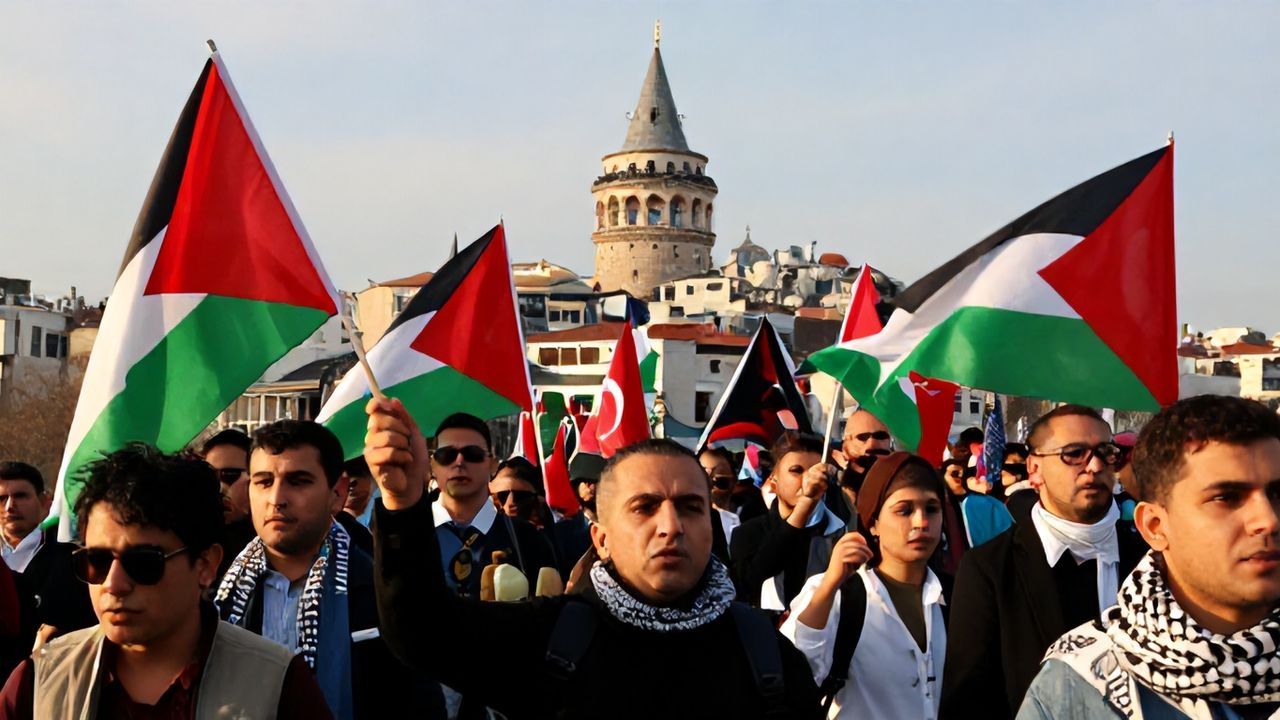 Galata Köprüsü'nde Filistin İçin Binlerce Kişi Yürüyüşe Geçti