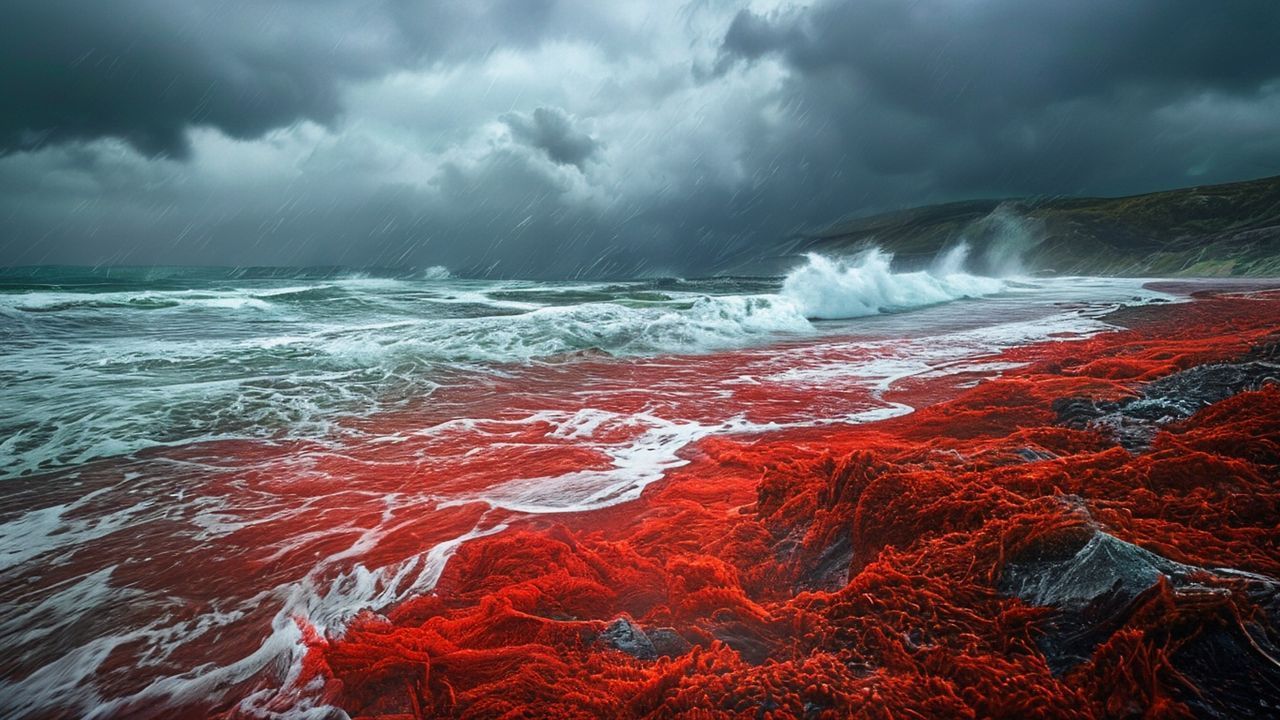 Tekirdağ'da Lodos, Sahili Kırmızı Yosunla Kapladı